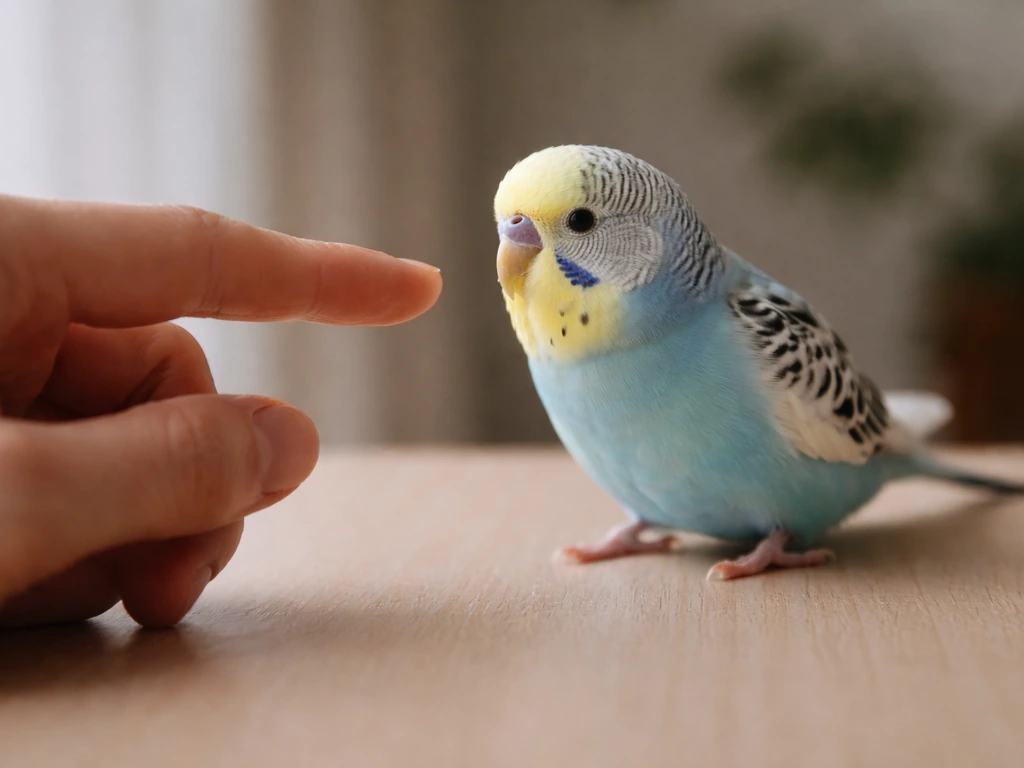 Anonymous hand held steady with an extended index finger cue near a small pet bird perched nearby.
