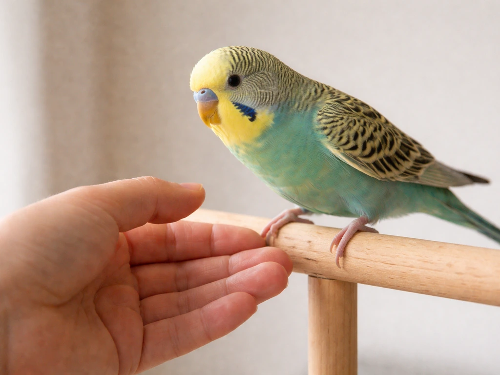Side angle of a hand hovering just above a bird’s feet as it prepares to step up