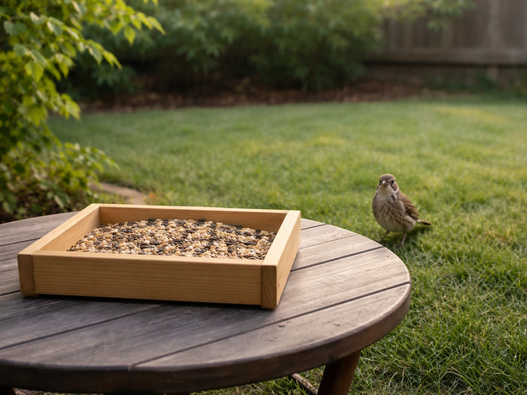 Wild bird approaching a backyard feeding tray in a quiet yard, natural light, minimal scene.