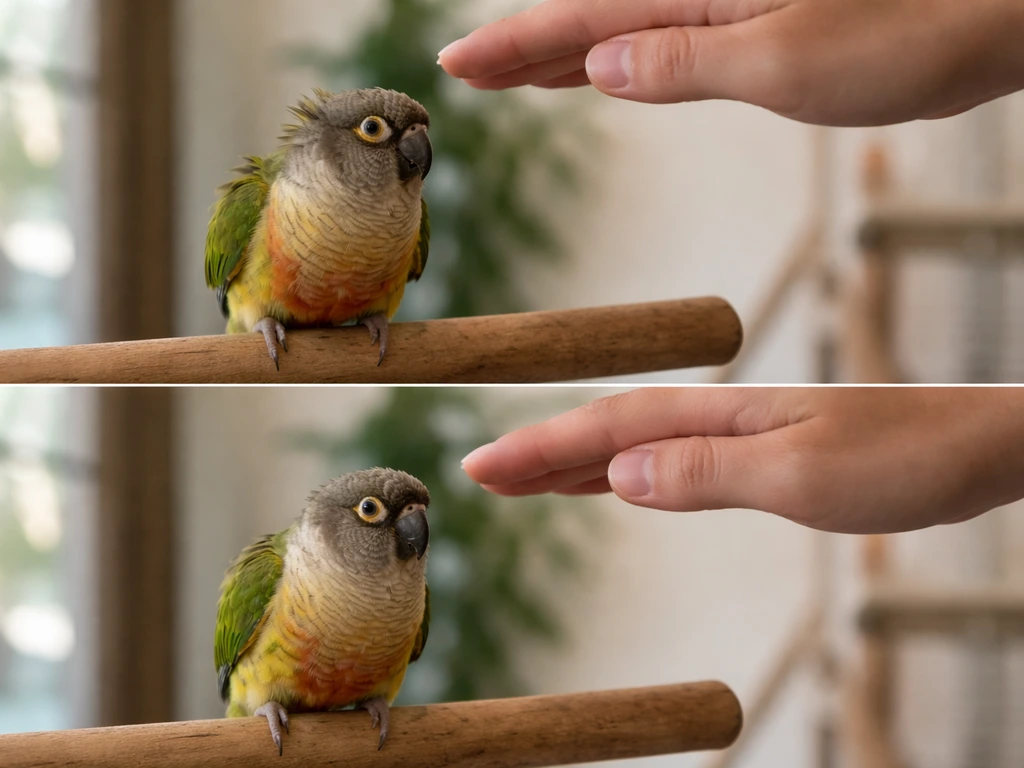A small parrot on a perch flinches as a hand appears, then settles with a slower, calmer approach.
