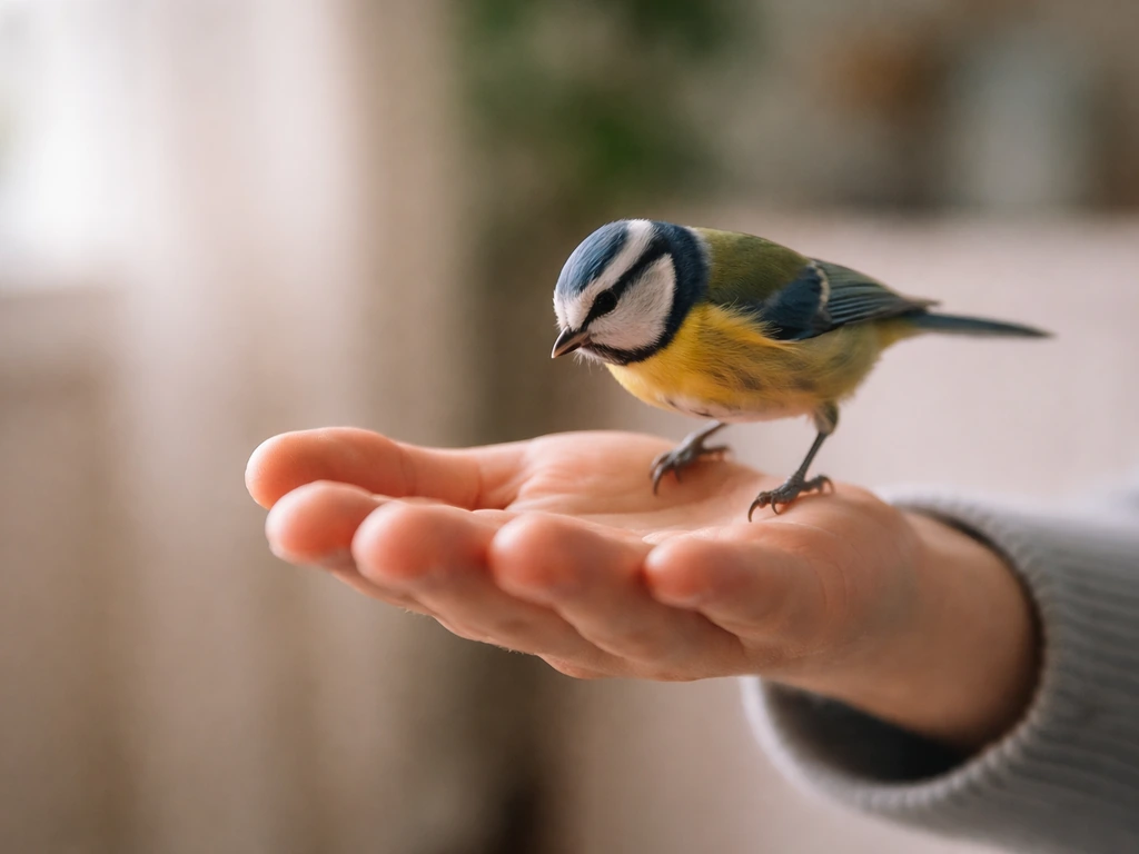 A small bird hops on a handler’s lower hand, then leans to hop off while the hand stays steady.