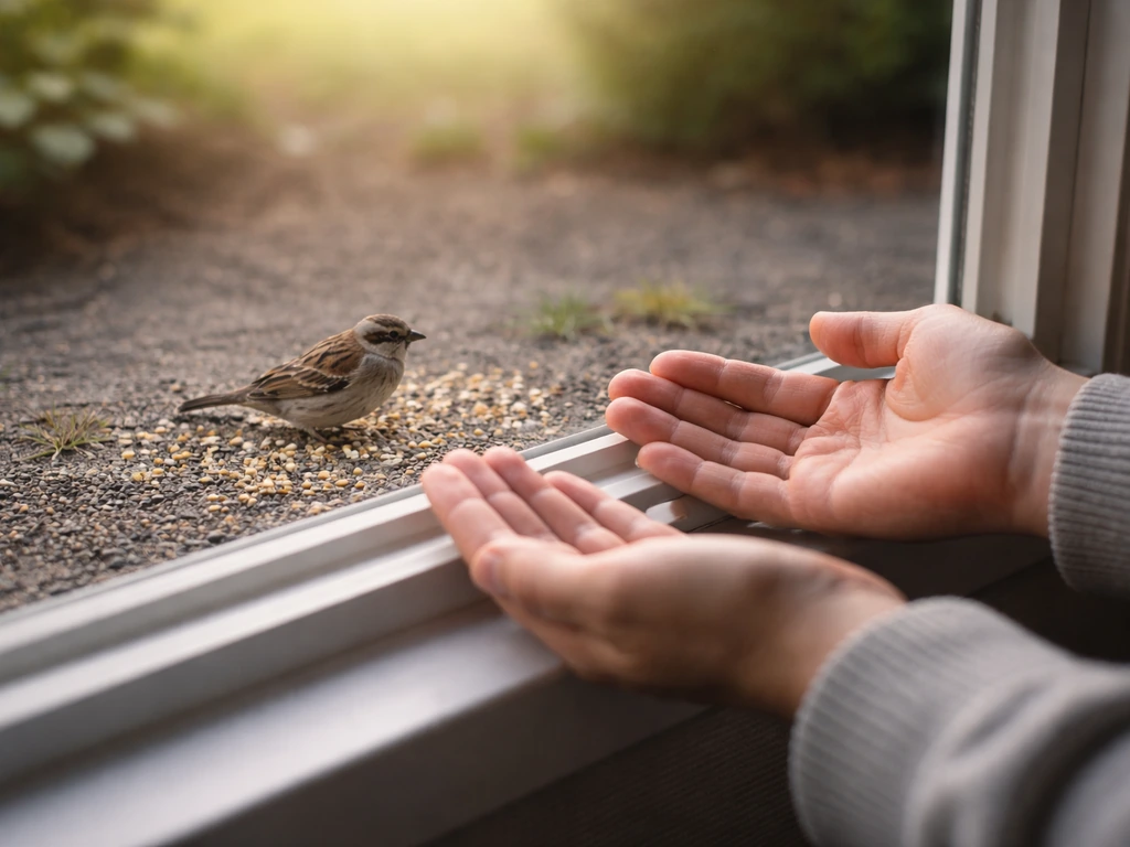 Person standing by a window watching a wild bird at a safe distance near a feed spot
