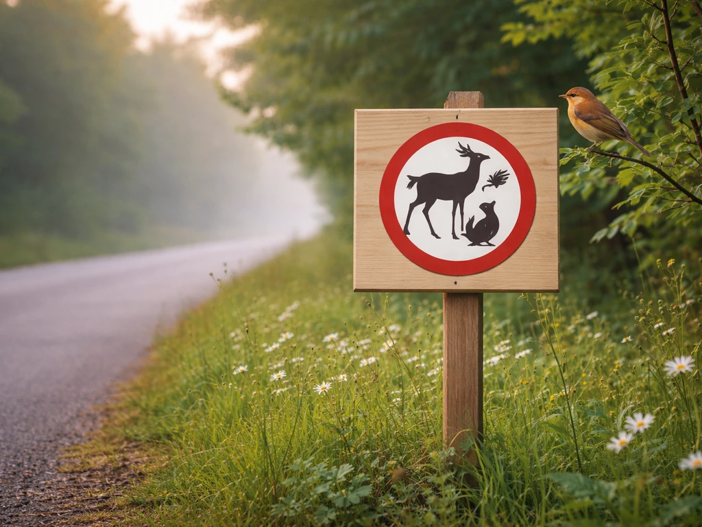 A wildlife-protection signpost with a small wild bird perched nearby in the background.