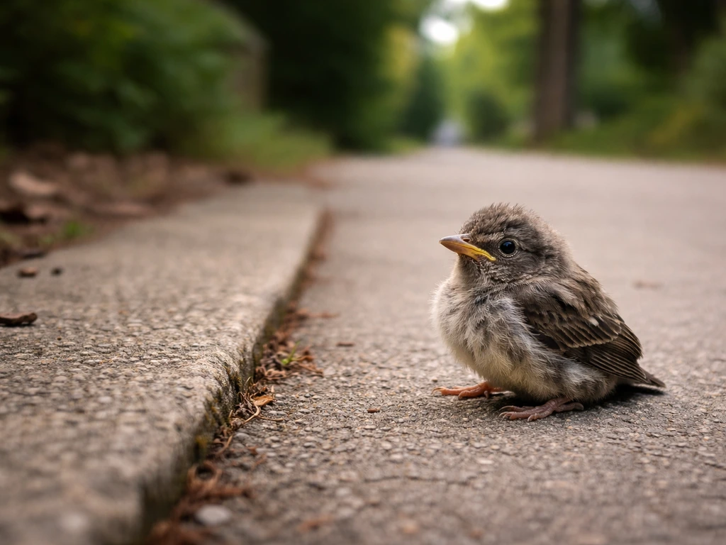 Feathered fledgling sitting on a sidewalk, leaving safe distance as if it may hop or fly away.