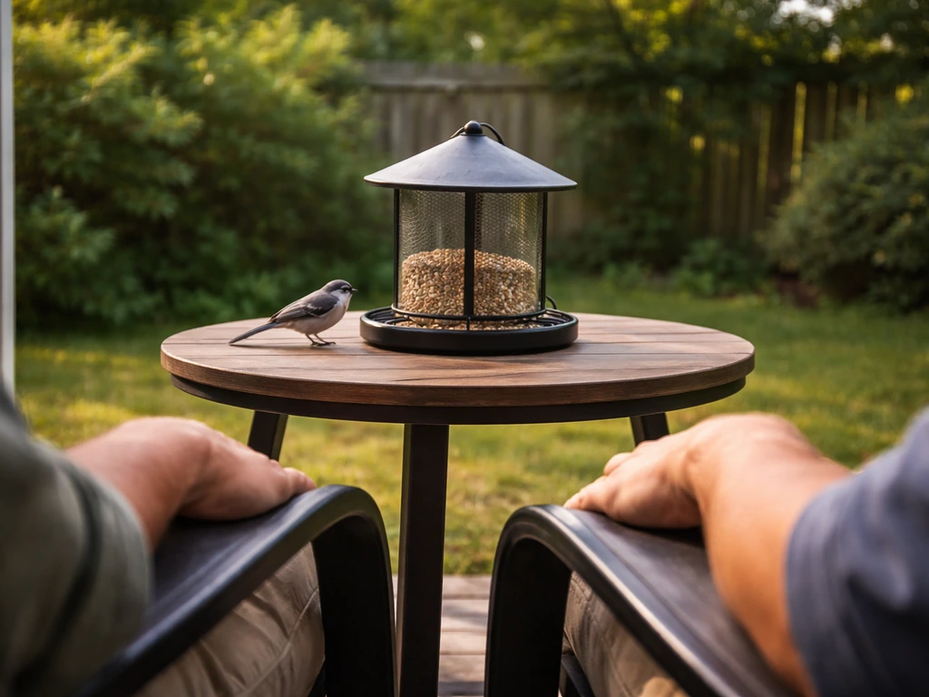 Seated person’s view of a bird-feeding station on a patio table with a small bird nearby.
