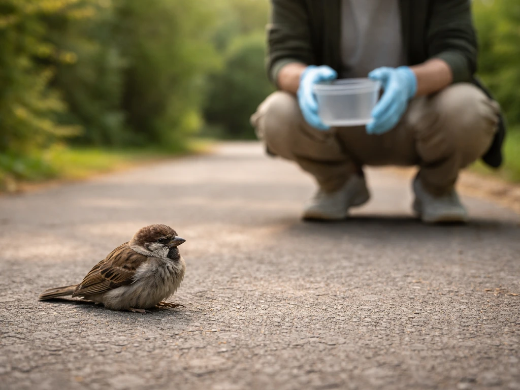 Person at a distance preparing to handle an injured bird while the bird lies alert and distressed nearby