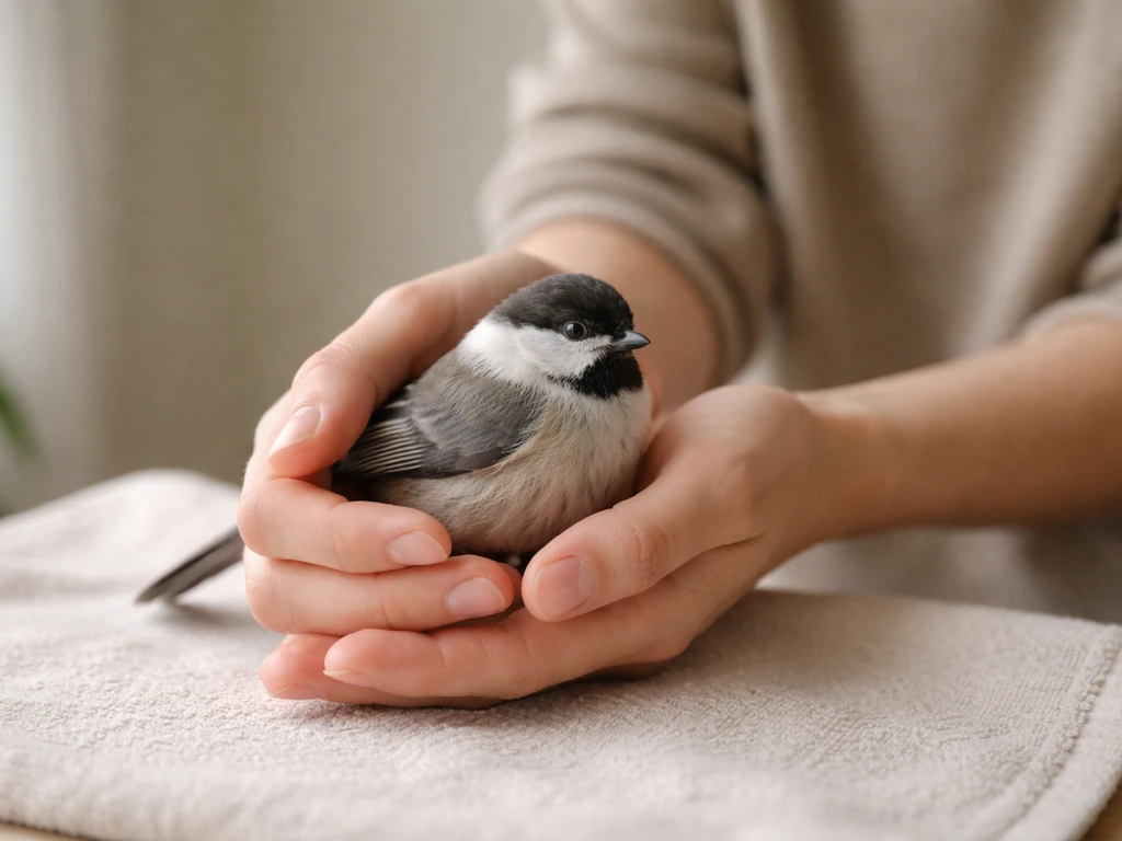 Calm person gently supporting a small bird in both hands in a quiet, safe indoor setting