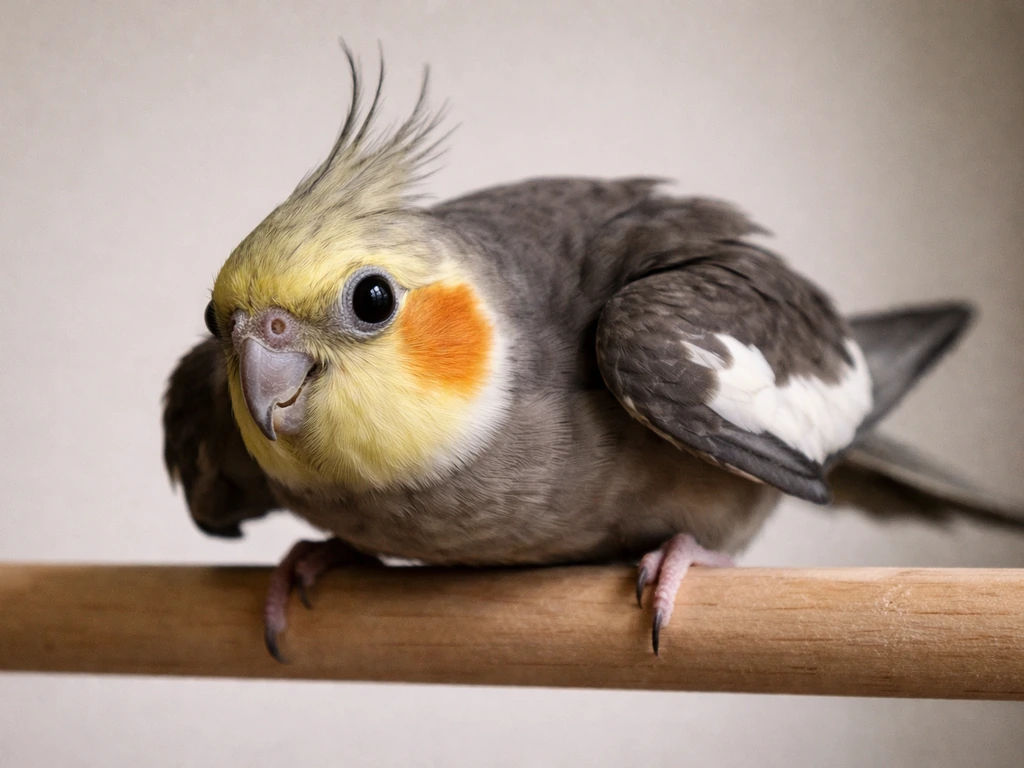 Small bird crouches low with pinned eyes and wings held slightly away, showing fear or overstimulation.