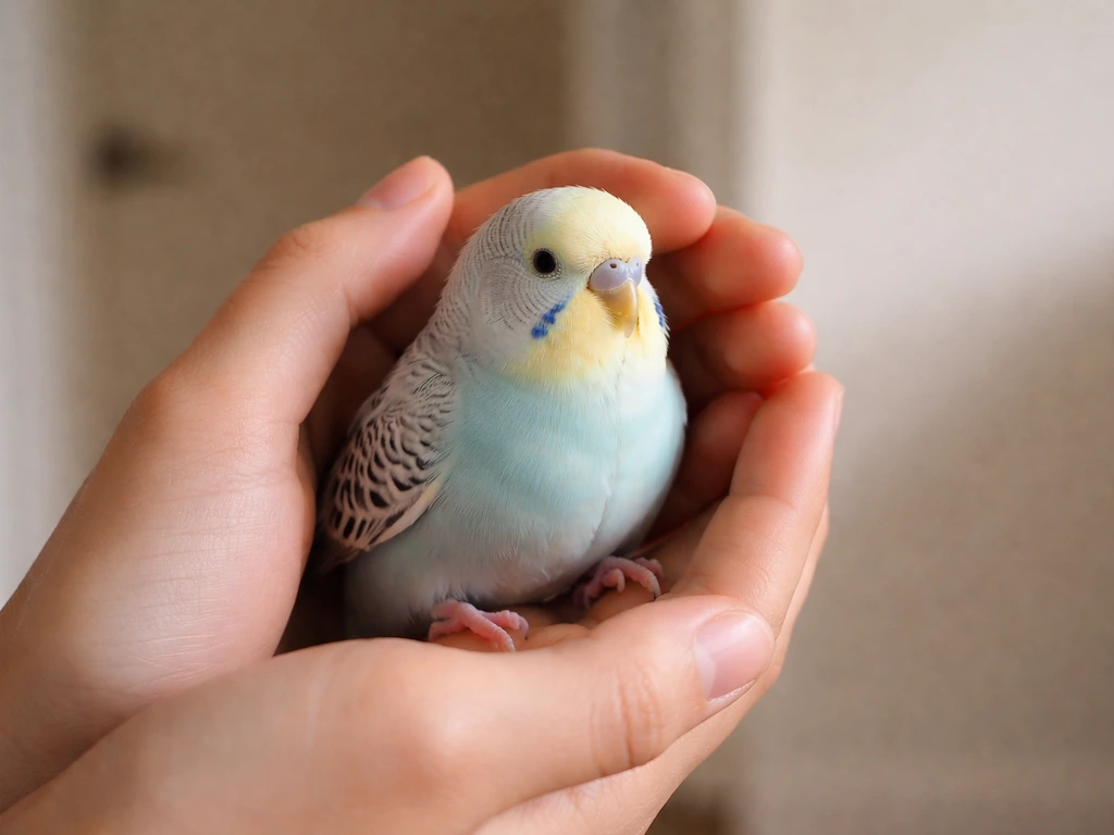 Small finch or budgie calmly cradled in gentle hands, supported from behind in a quiet room.
