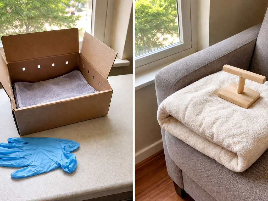 Prepared cardboard box with towel and gloves on a table beside a safer pet-bird step-up hold setup