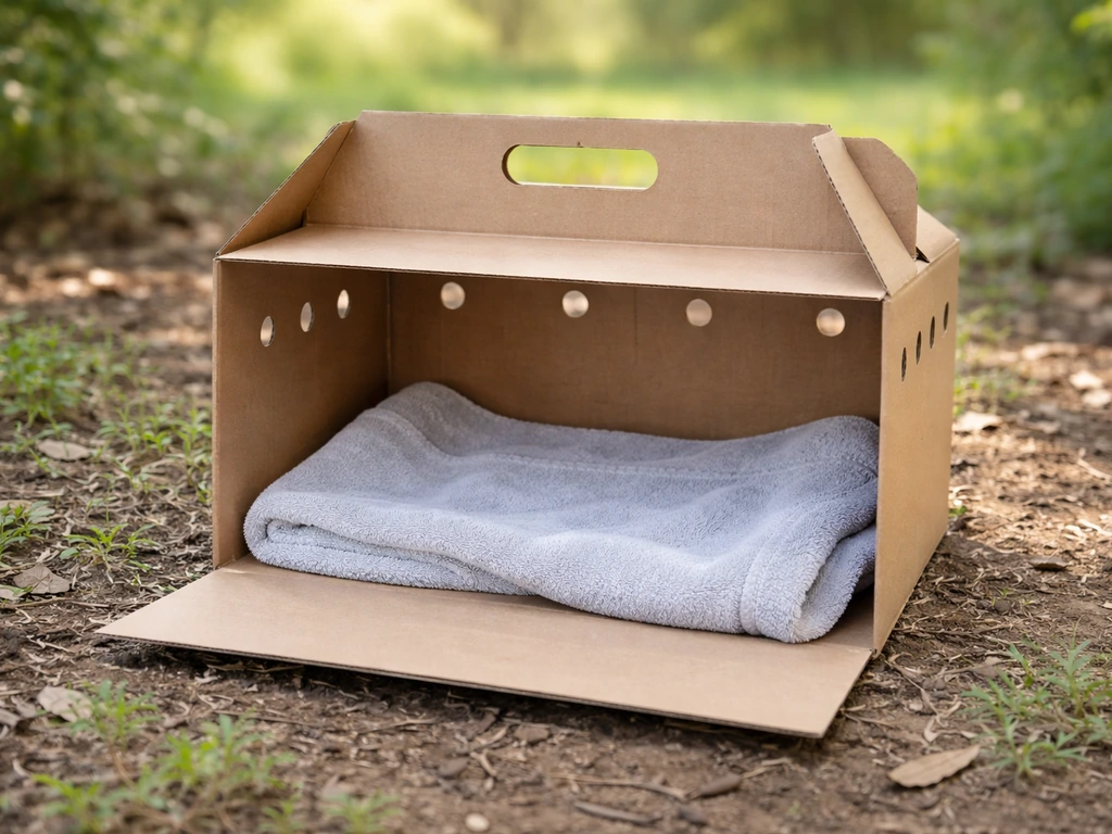Ventilated bird handling box with a towel inside on the ground, ready before approaching a wild bird.