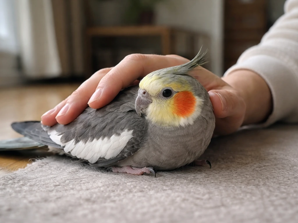 Handler gently supports a cockatiel/parrot from behind with a low, non-threatening posture indoors.