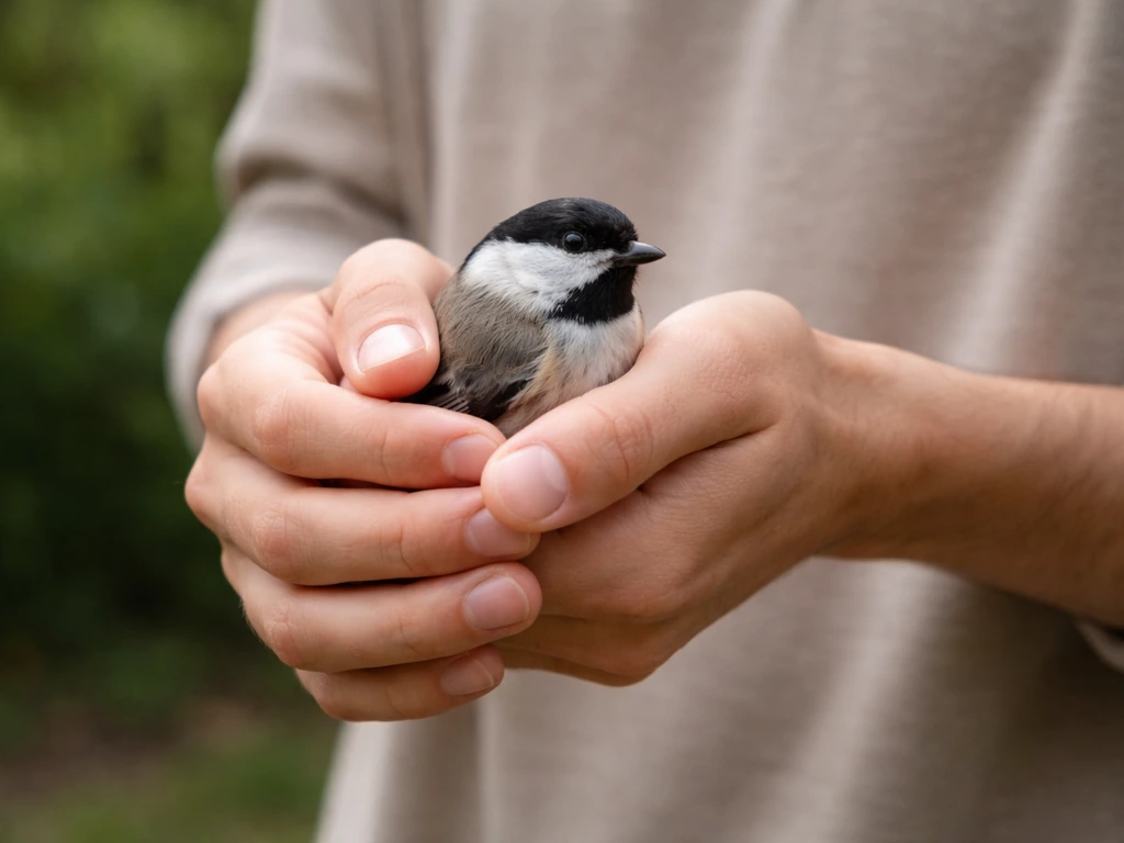 Anonymous hands securely holding a small bird, steady and calm to prevent flapping.