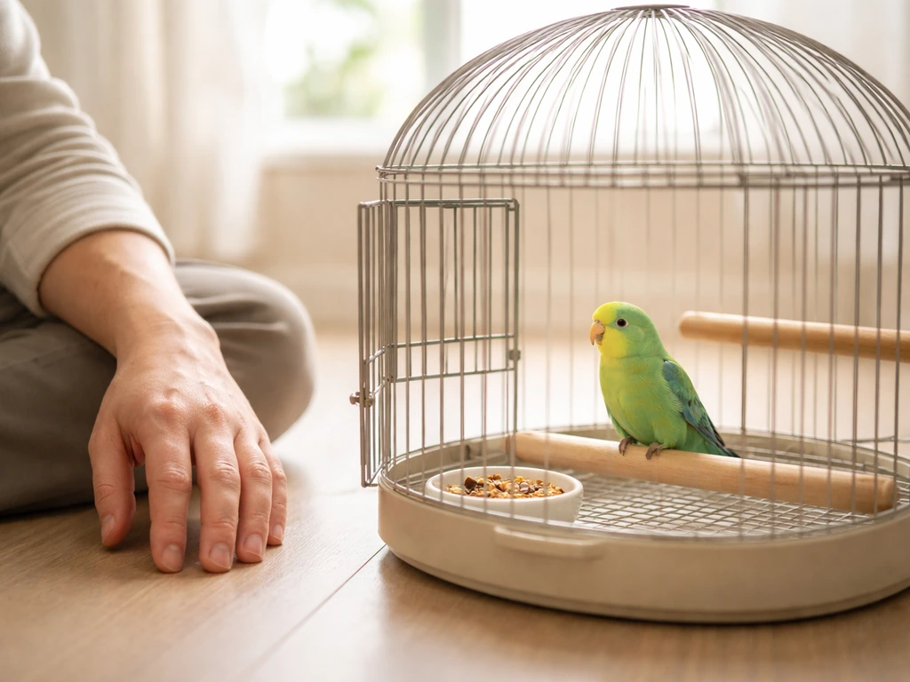 Calm person’s hand beside an open birdcage with treats, showing safe trust-building for taming.