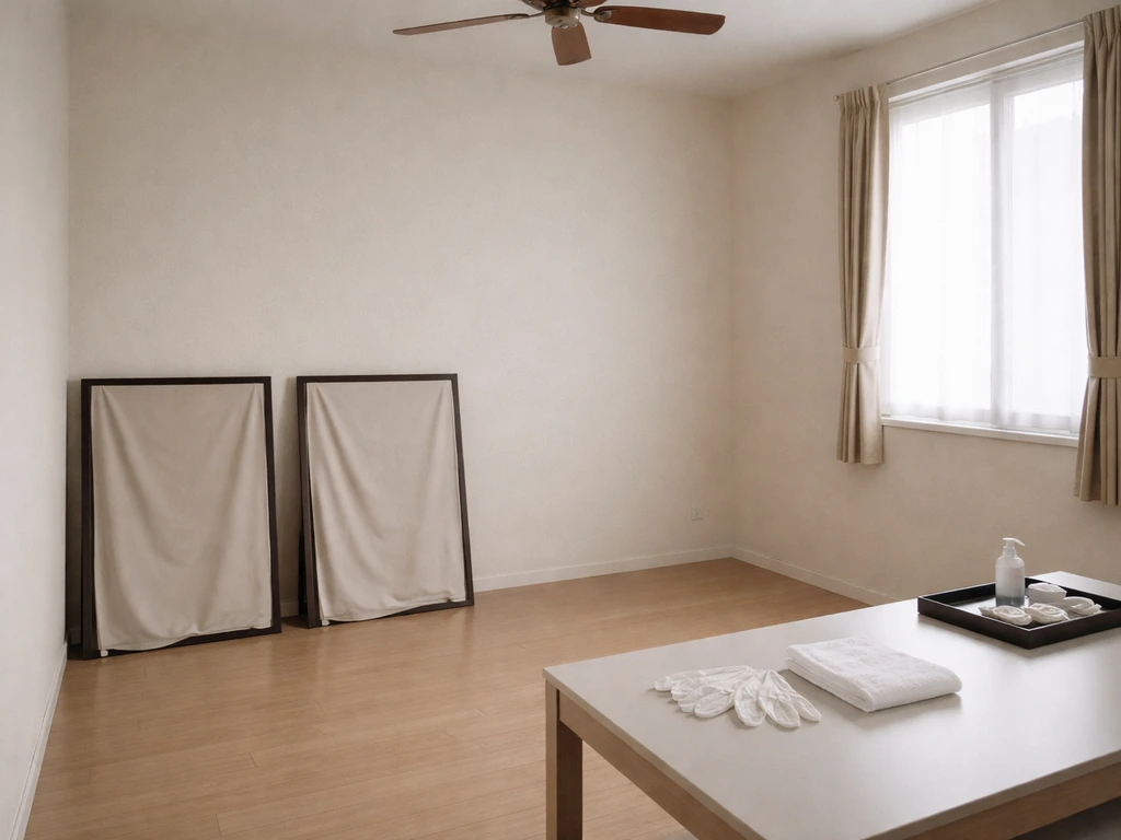 Quiet room with closed door and windows, ceiling fan off, mirrors covered, ready for a safe session.