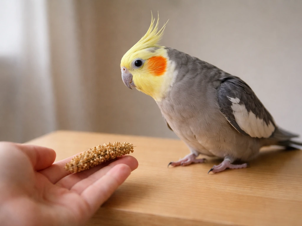Close-up cockatiel-like bird backing away from a hand-held treat on the ground