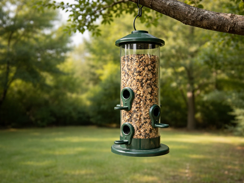 Clean bird feeder on a backyard branch with open space, suggesting safe, non-contact wild bird attracting.