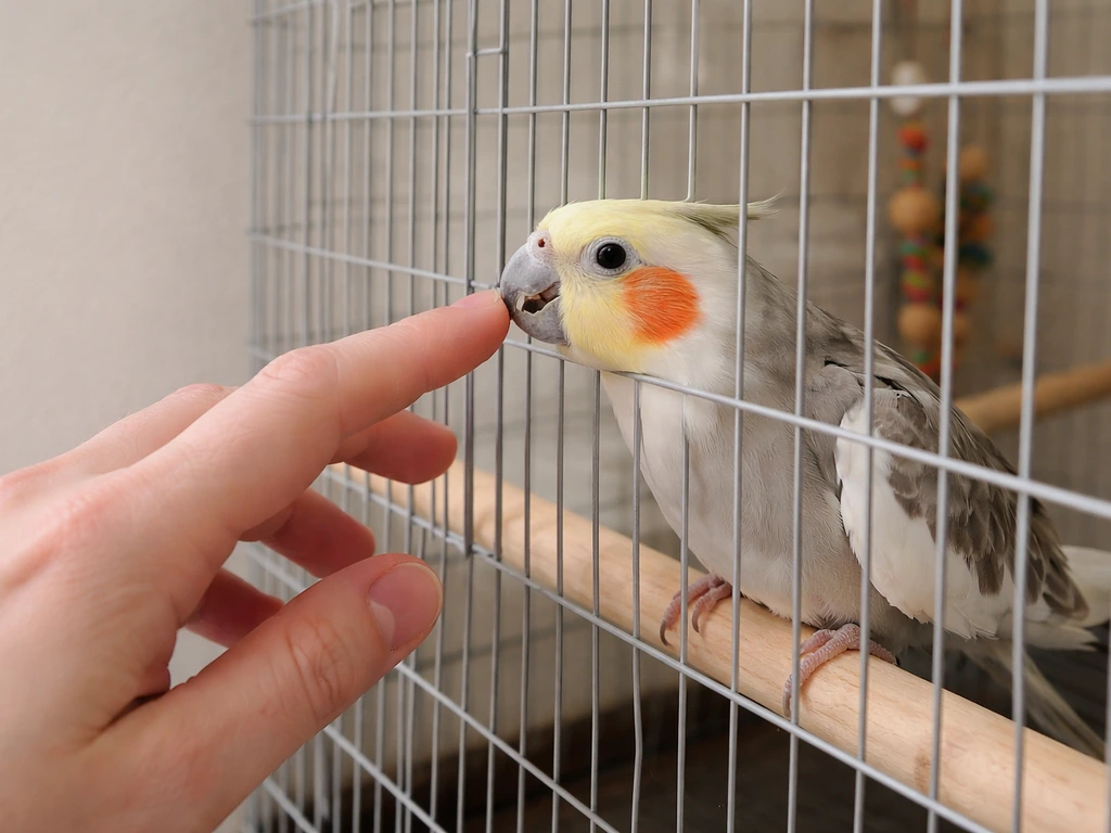 Small pet bird on a perch while a hand stays still near the cage bars, safe retreat posture.