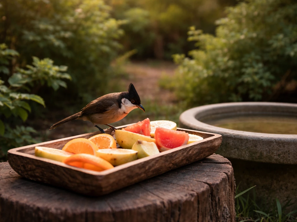 A bulbul bird perched on a backyard fruit tray with shrubs and a clean birdbath nearby.