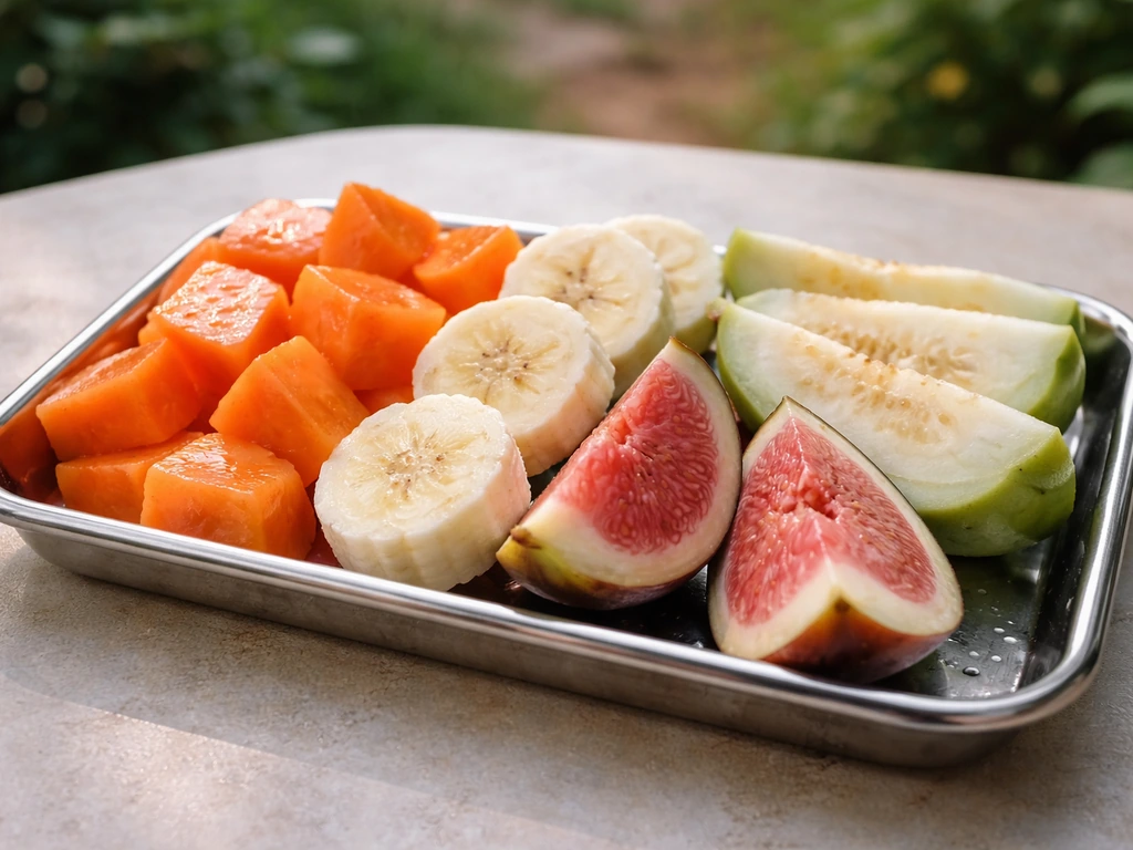 Close-up of sliced papaya, banana, guava, and fig on a small metal tray, ready for bulbuls.