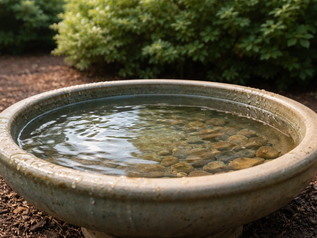 Shallow birdbath with fresh water on a garden surface near shrubs, showing clean, stable placement