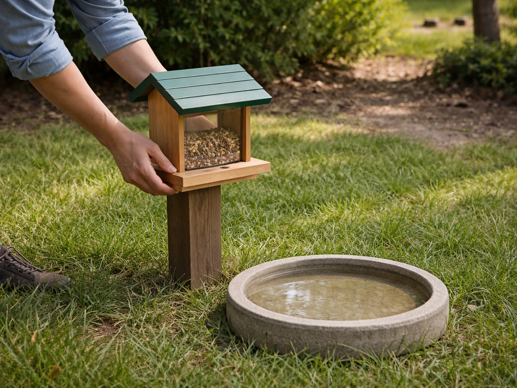 Person placing a bird feeder and birdbath in a yard near a visible bird path