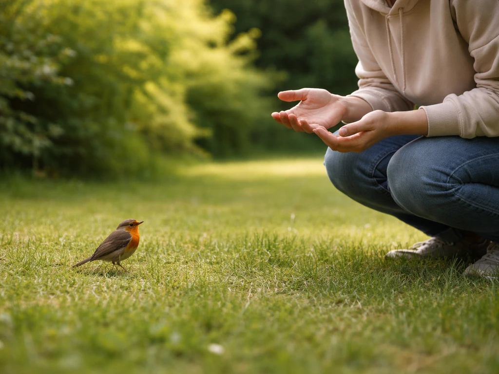 Close view of a person calmly crouching near a small bird on grass, at a safe distance outdoors.