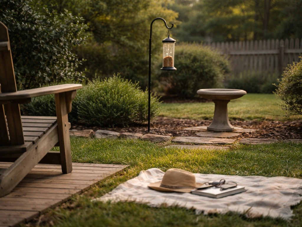 Ground-level view of a backyard blanket setup with a bird feeder and birdbath within easy observation range.