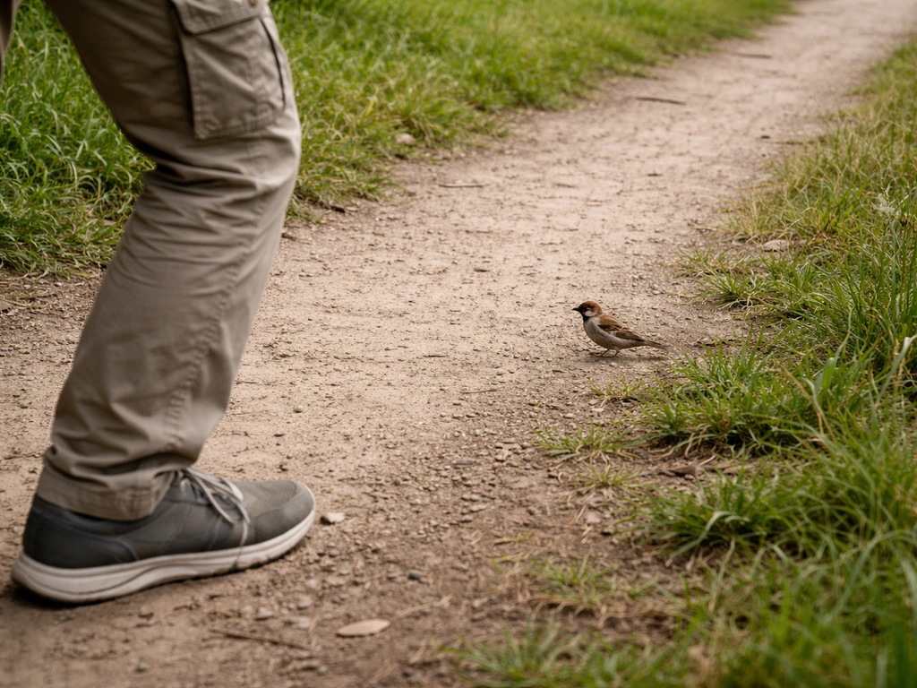 Person paused mid-step on a path, approaching a small bird from the side with a slight arc posture.