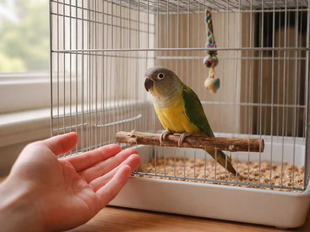 A small pet parrot in its cage watches a calm, low hand approach without grabbing.