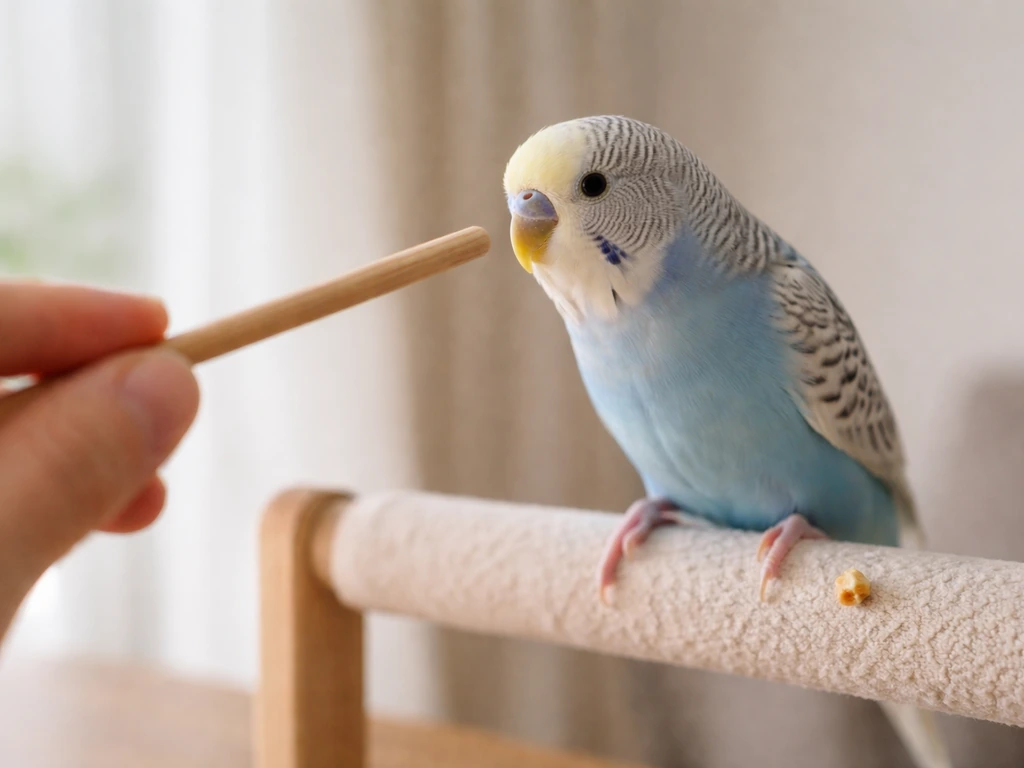 Small target stick held near a bird with a tiny treat visible nearby during gentle training