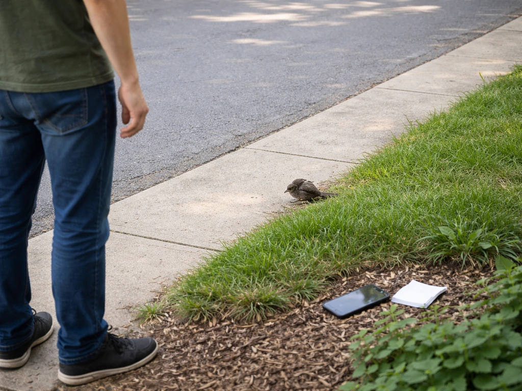 Person keeps distance from an injured wild bird on the ground, with a phone and contact note nearby.