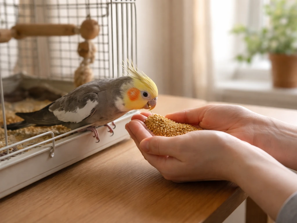 Person’s hand offers millet to a budgie near an open cage door in soft natural light.