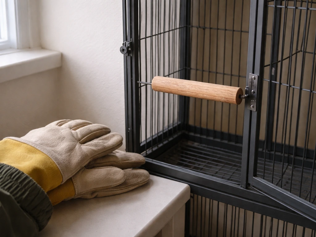 Protective gloves and long sleeves near a bird perch and cage door to show bite-and-scratch safety precautions