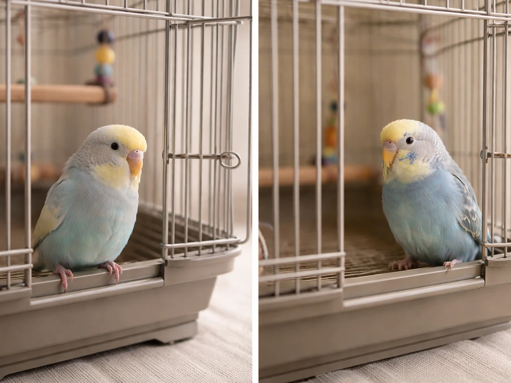 Two pet birds near a cage door, one relaxed and one cautious, side-by-side in calm home light.