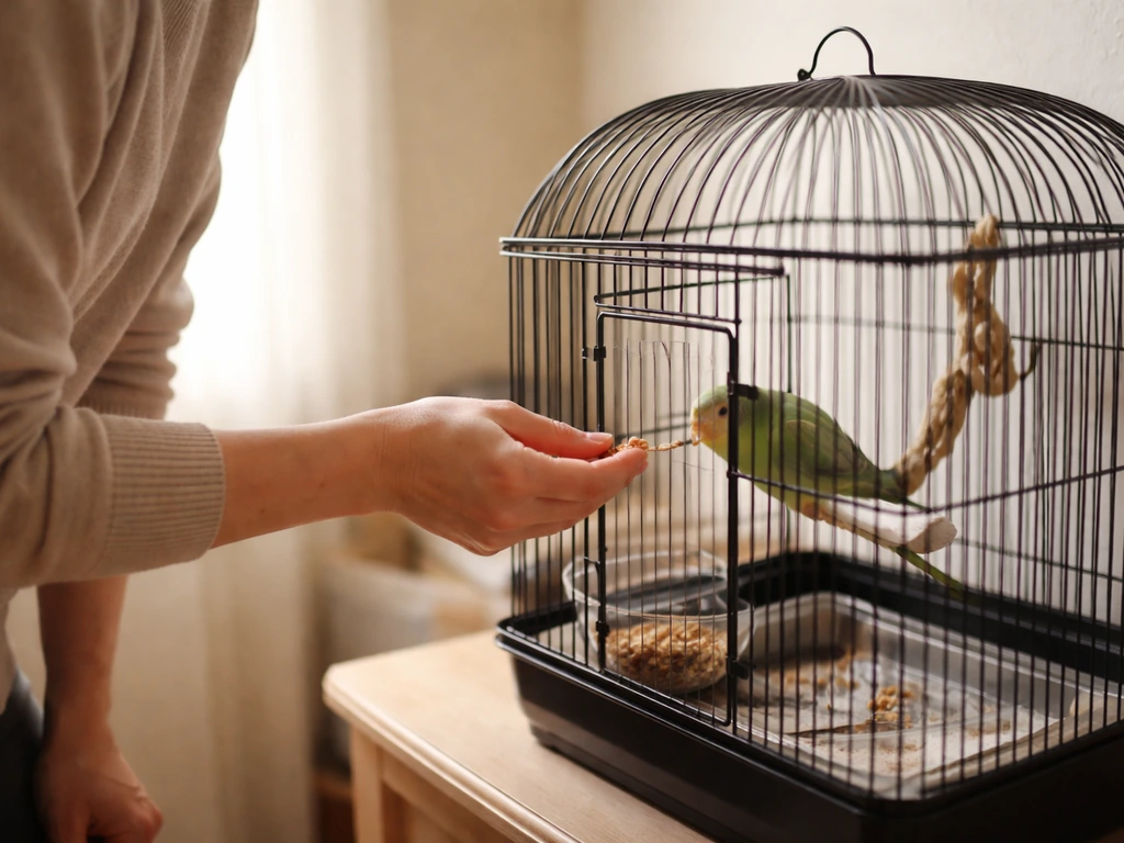 Person quietly approaches a bird cage entrance, speaking softly and offering a small treat in small steps.