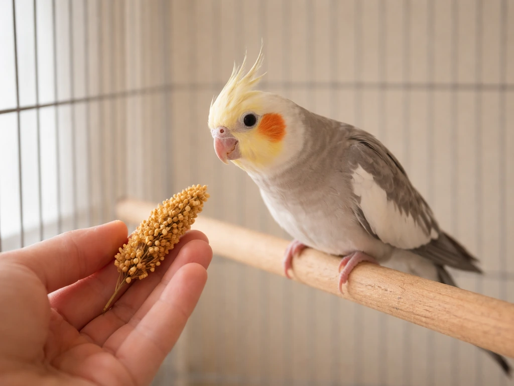 Young cockatiel perched near an open hand offering millet in a simple indoor cage setting.
