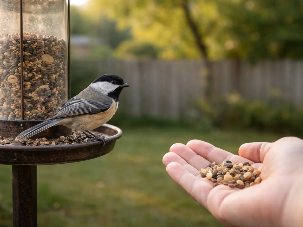 Small wild songbird near a backyard feeder, approaching a still open hand in a residential yard.