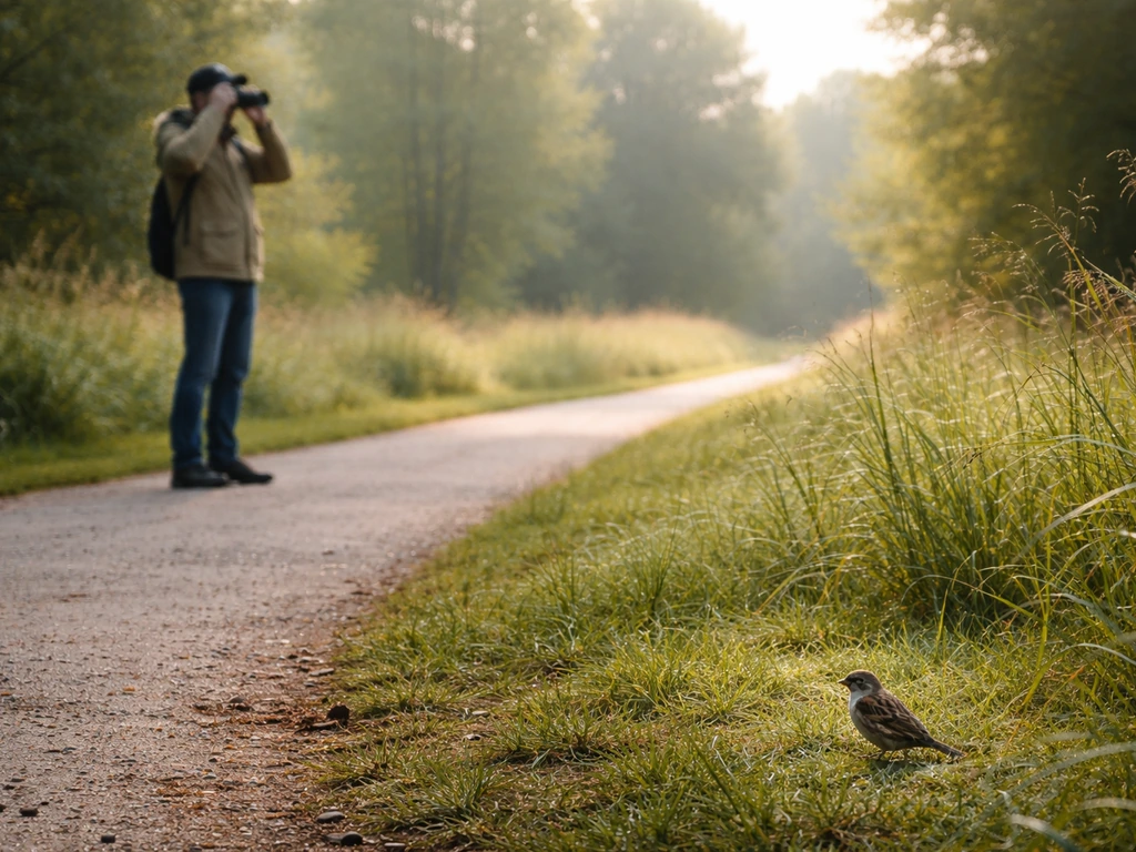 Person in outdoor park using binoculars to observe a small wild bird from a safe distance