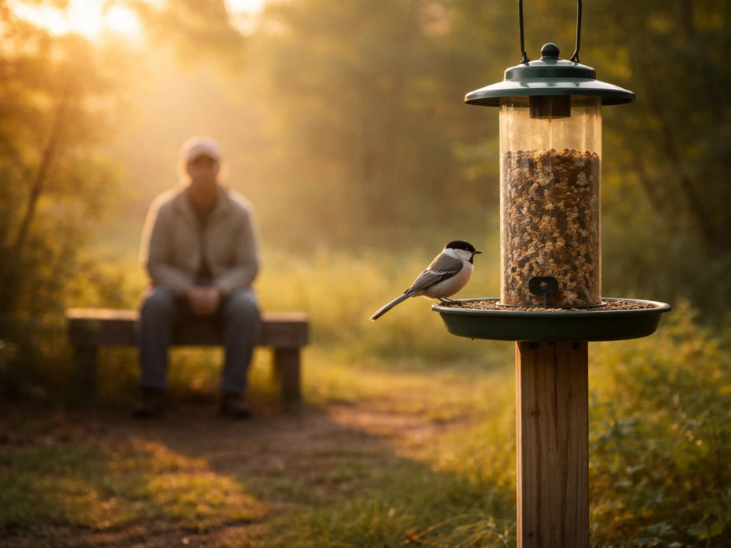 A wild bird calmly eating from a feeder as a seated handler stays still in morning light.