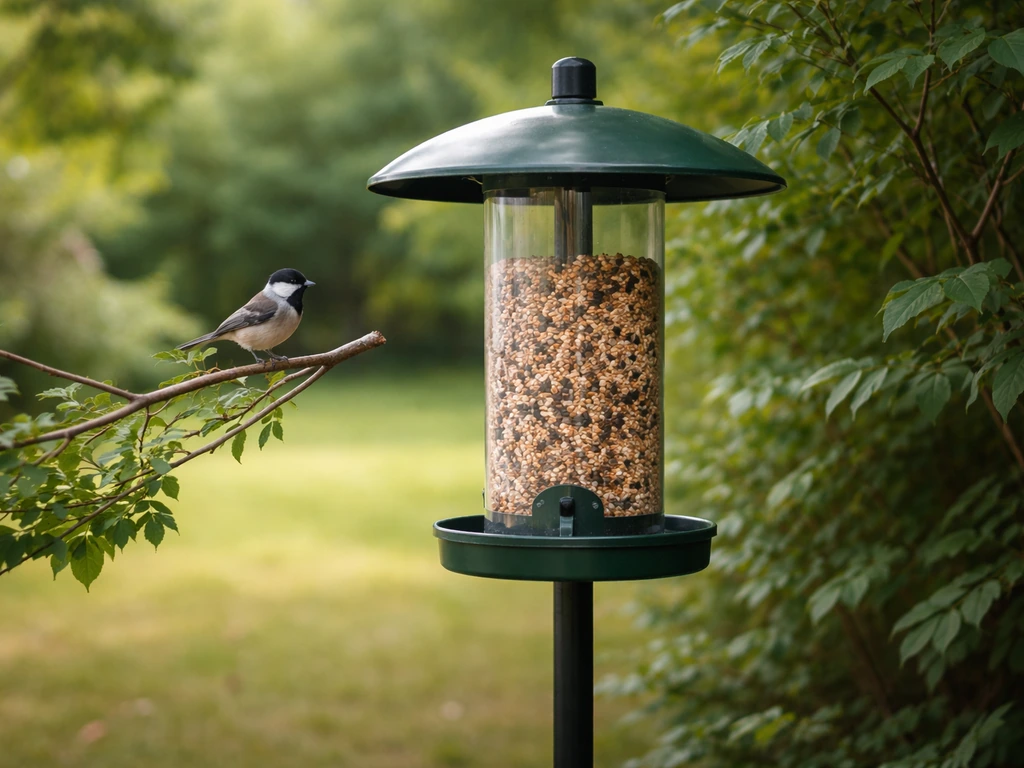 A bird feeder in an open yard with a safer nearby shrub/branch escape perch placement.