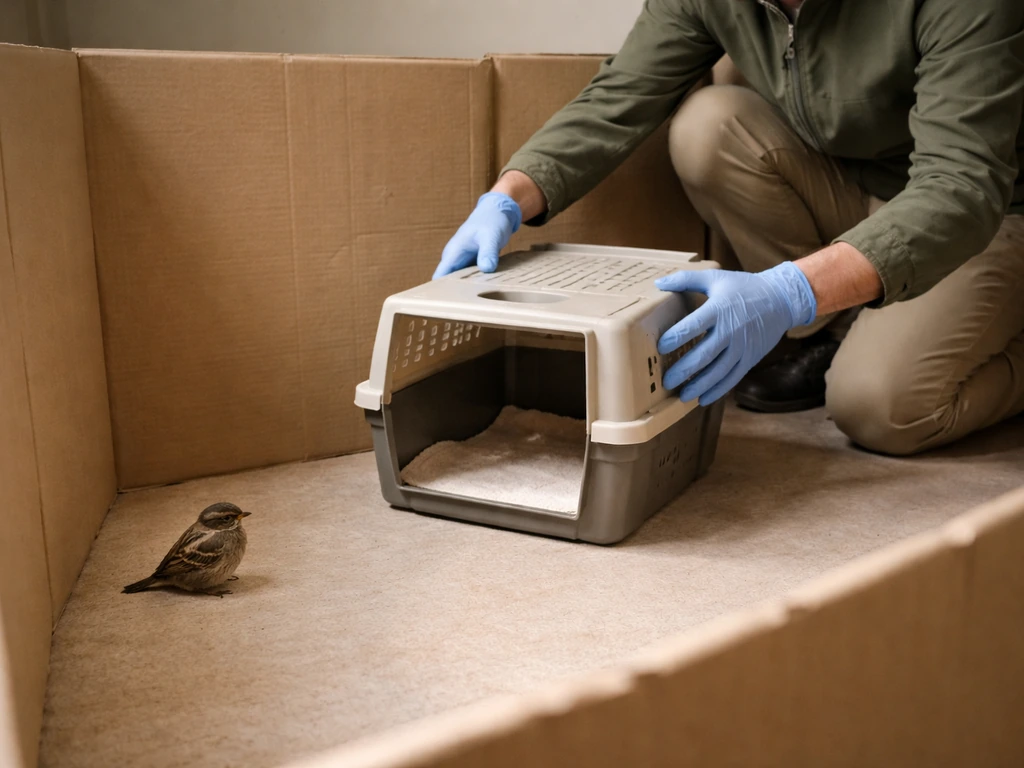 Gloved rescuer in a dim room gently setting a transport box beside a small wild bird in a contained area.