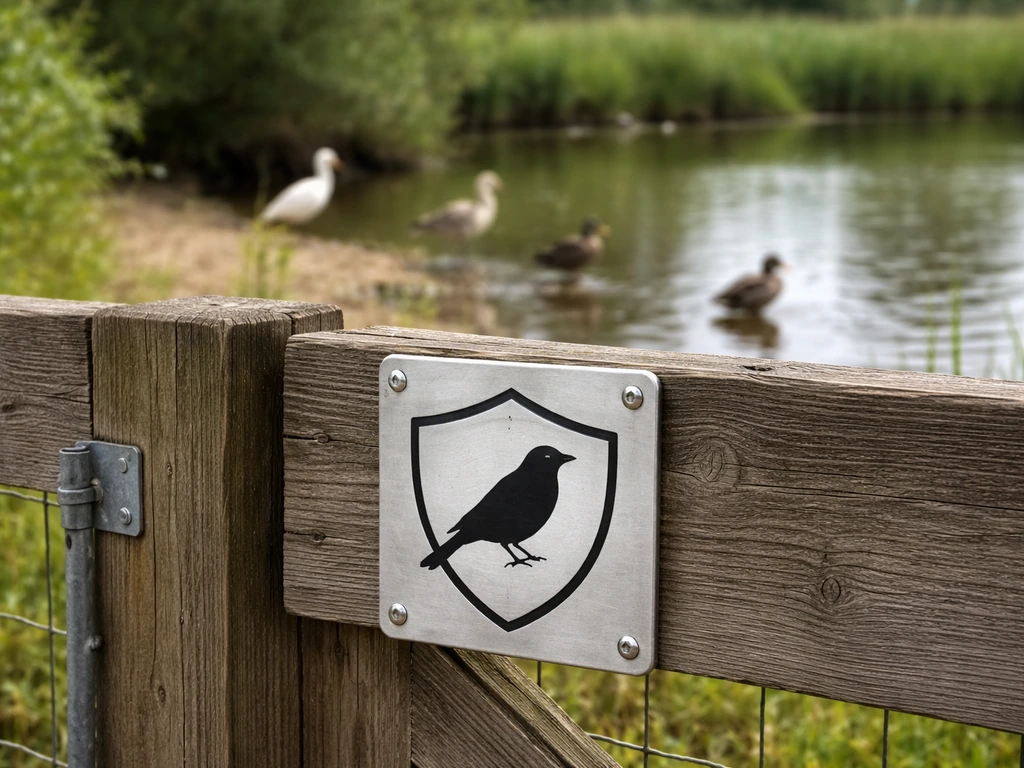 Close-up of a protective wild-bird sign on a gate near a quiet pond with birds in the background