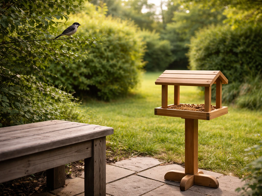 A quiet backyard feeder station near a low bench, with open escape path for a wild bird to approach safely.