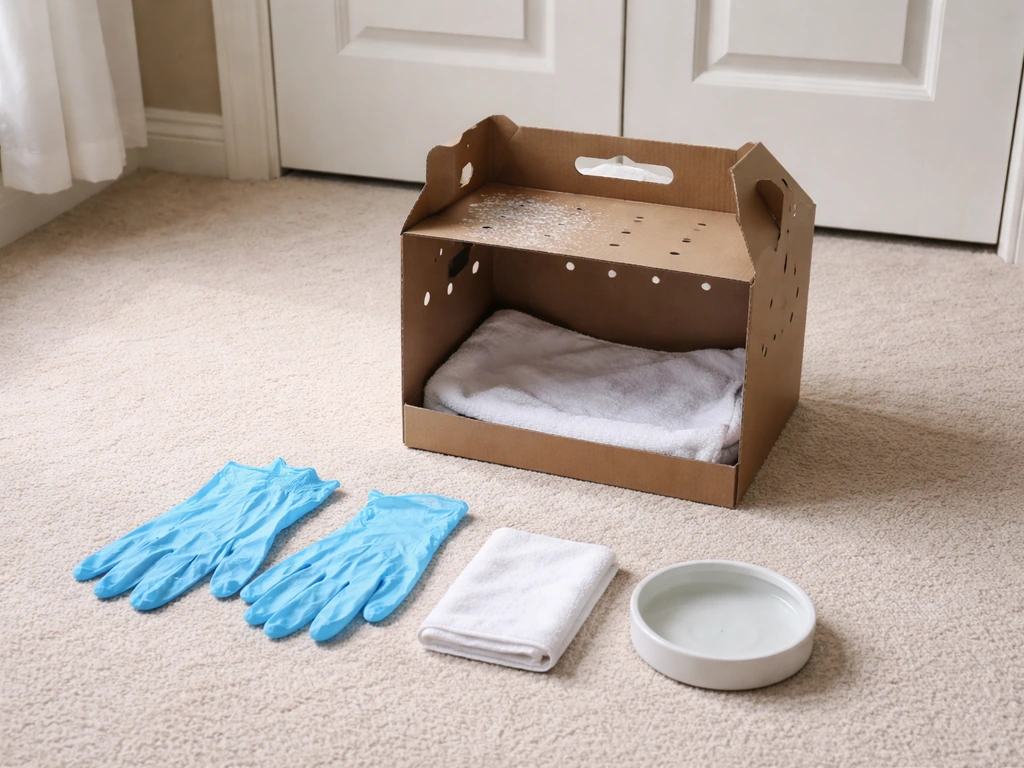Gloved hands preparing a small, calm pet capture box in a quiet room with doors closed.