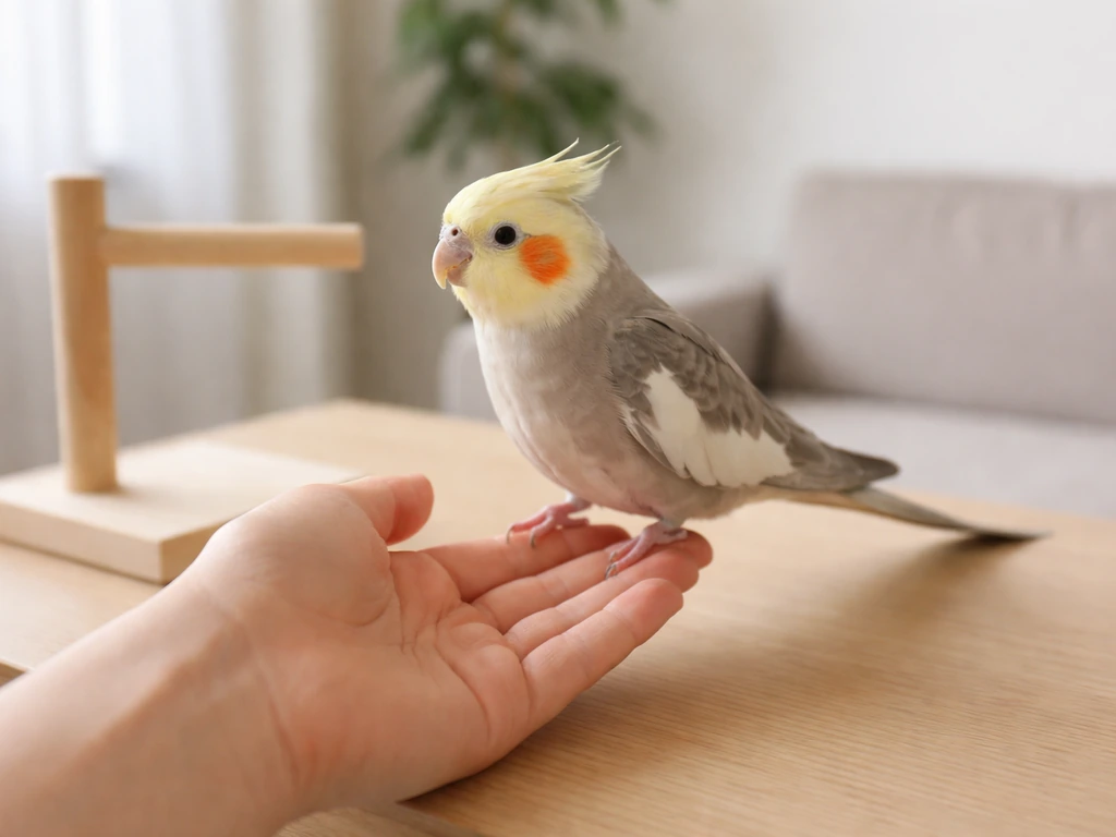 A calm cockatiel on a gentle hand in a quiet home setting, showing trust and safety.