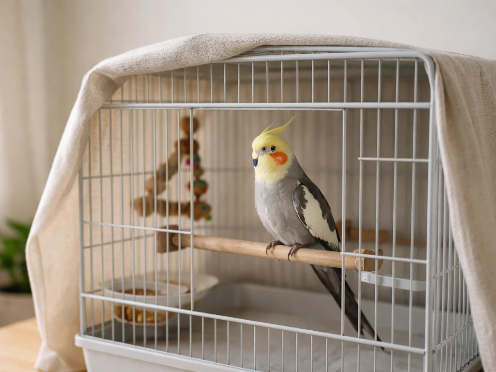 Cockatiel calmly perched in a safe, draft-free cage corner with a breathable cover in soft natural light.