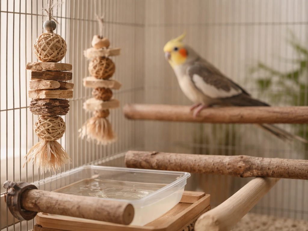 Cockatiel enrichment setup with natural-wood perches, safe toys, and a small shallow bath dish in a quiet cage
