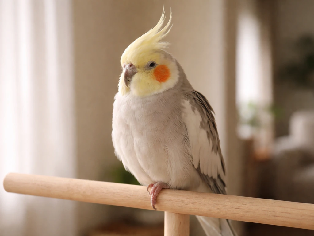 Calm cockatiel on a wooden perch with crest at mid-height, one foot tucked, eyes half-closed.