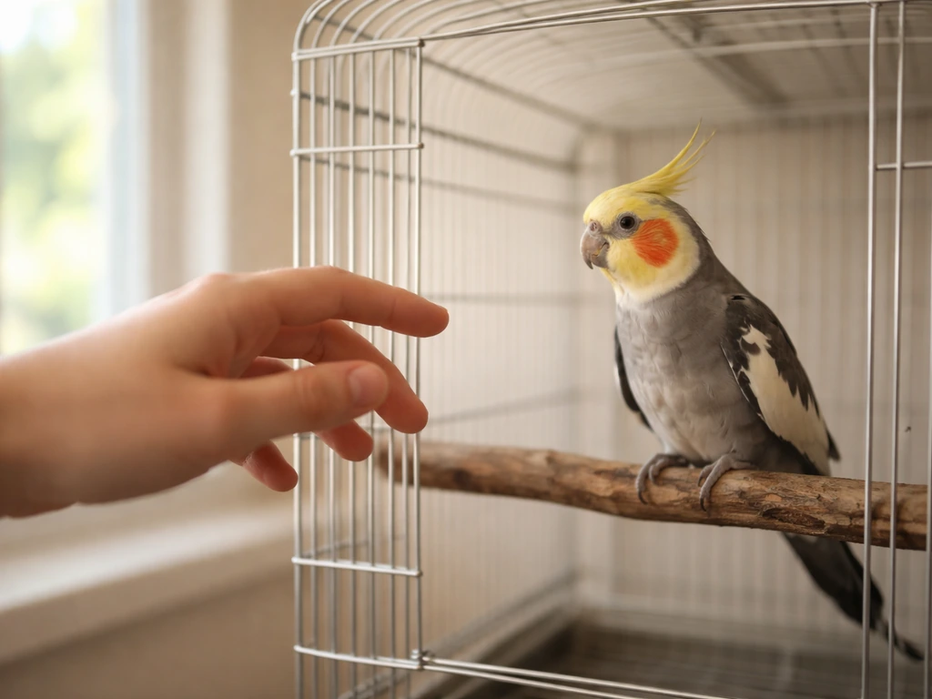 Person’s gentle hand approaches a cockatiel at cage level; bird stays calm as they move slowly.